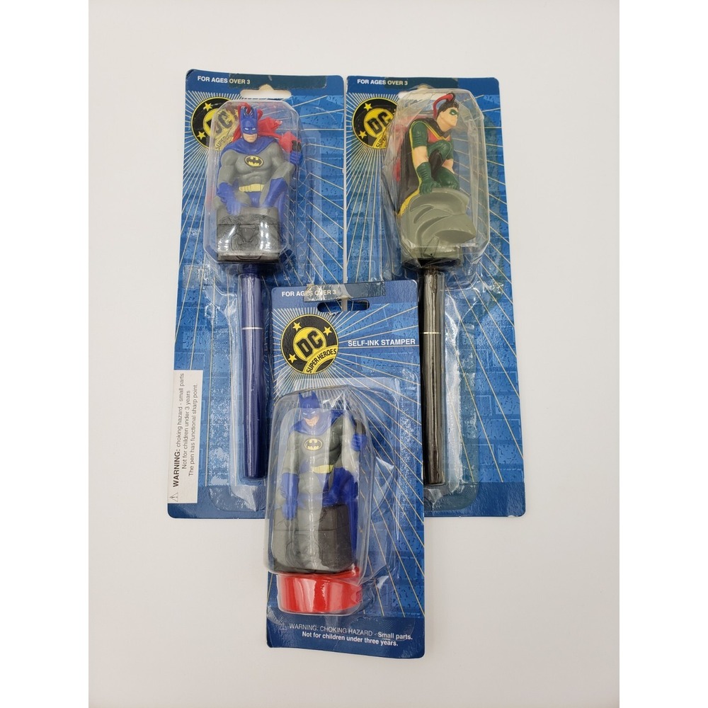Vtg Batman & Robin DC Super Heroes Pens & Batman Self-Ink Stamper 1997 Ha Ha Ha